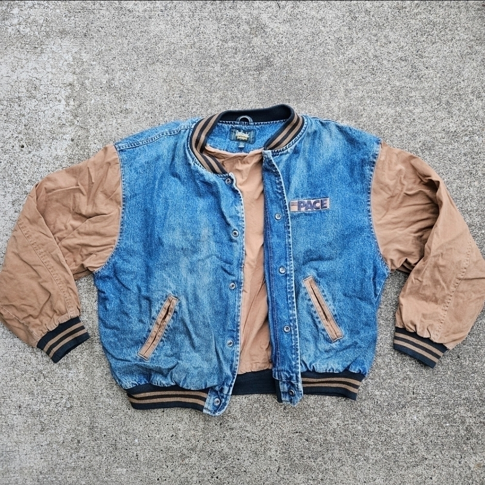 VTG 90s Dunbrooke Pace Denim Varsity Bomber Trucker Jacket Blue Tan Mens Size XL - Picture 2 of 16